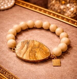 VINTAGE NATURAL STONE STRETCH BRACELET HEAVY PICTURE JASPER SLAB STATEMENT